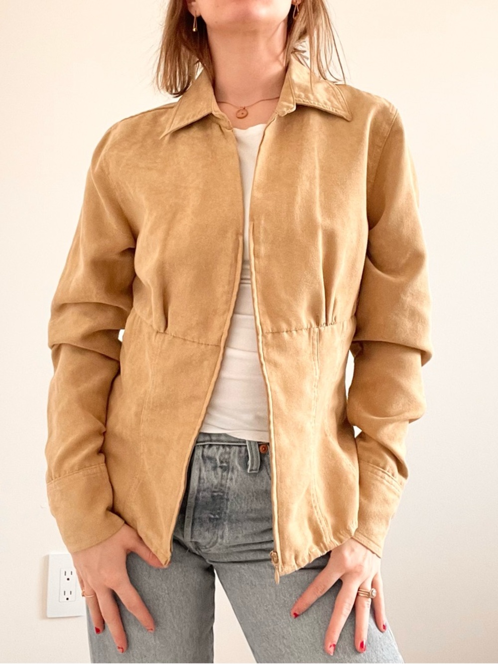 Vintage SO Faux Suede Zip-Front Jacket in Tan